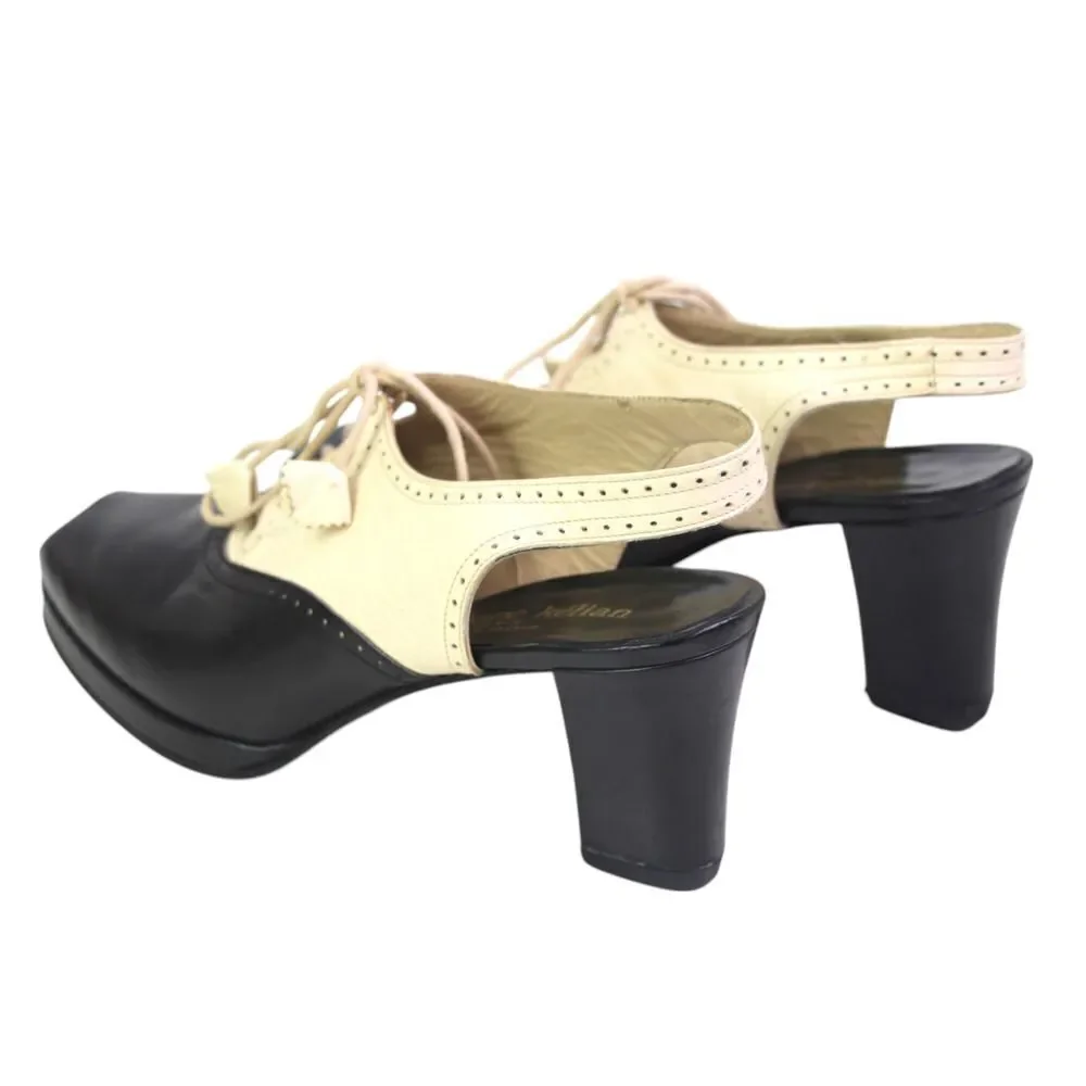 Stephane Kelian BLACK BEIGE LEATHER MID HEEL OPEN TOE LACE SLINGBACK SANDALS 5